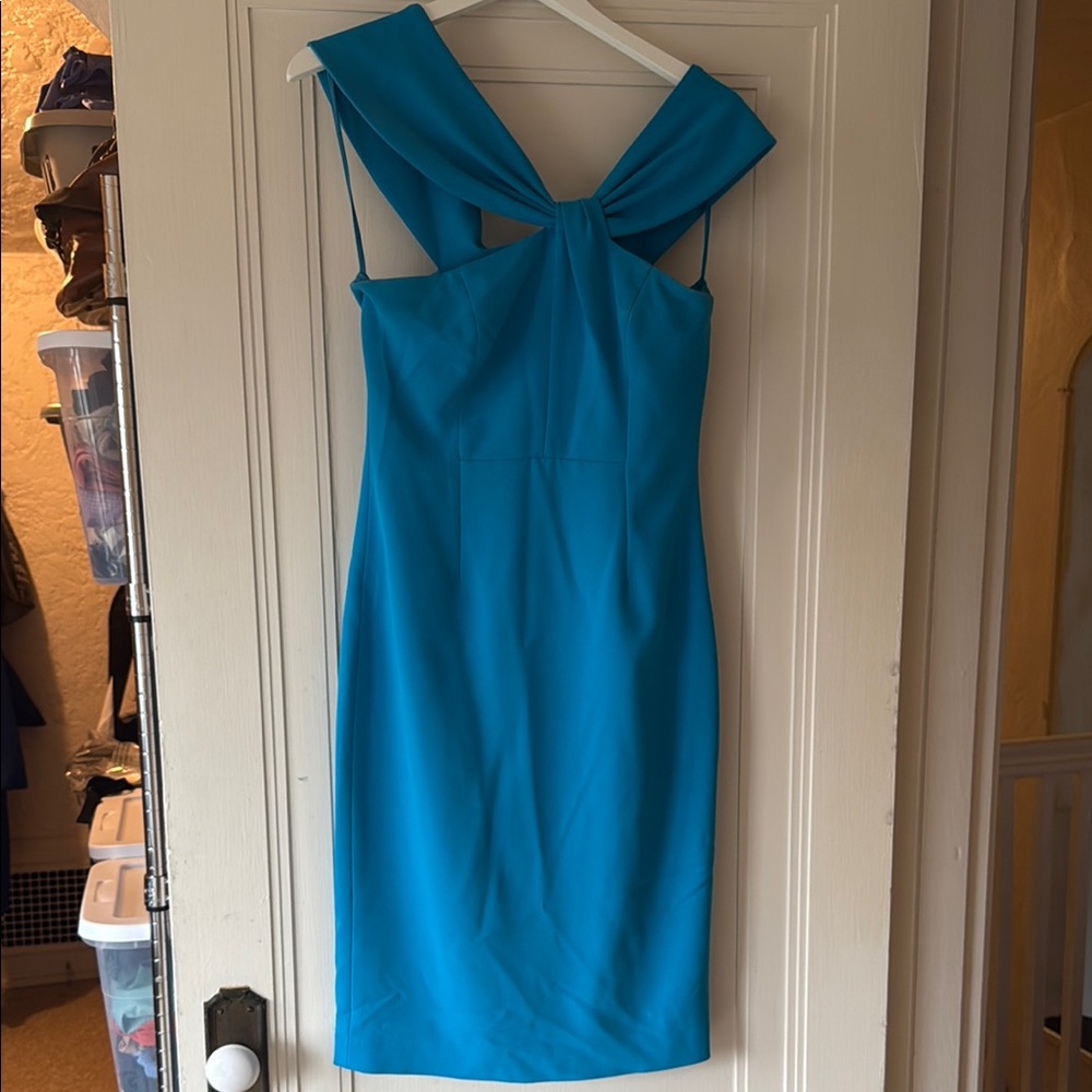 Badgley Mischka Blue Sheath Dress with Halter Neckline for Cocktail
